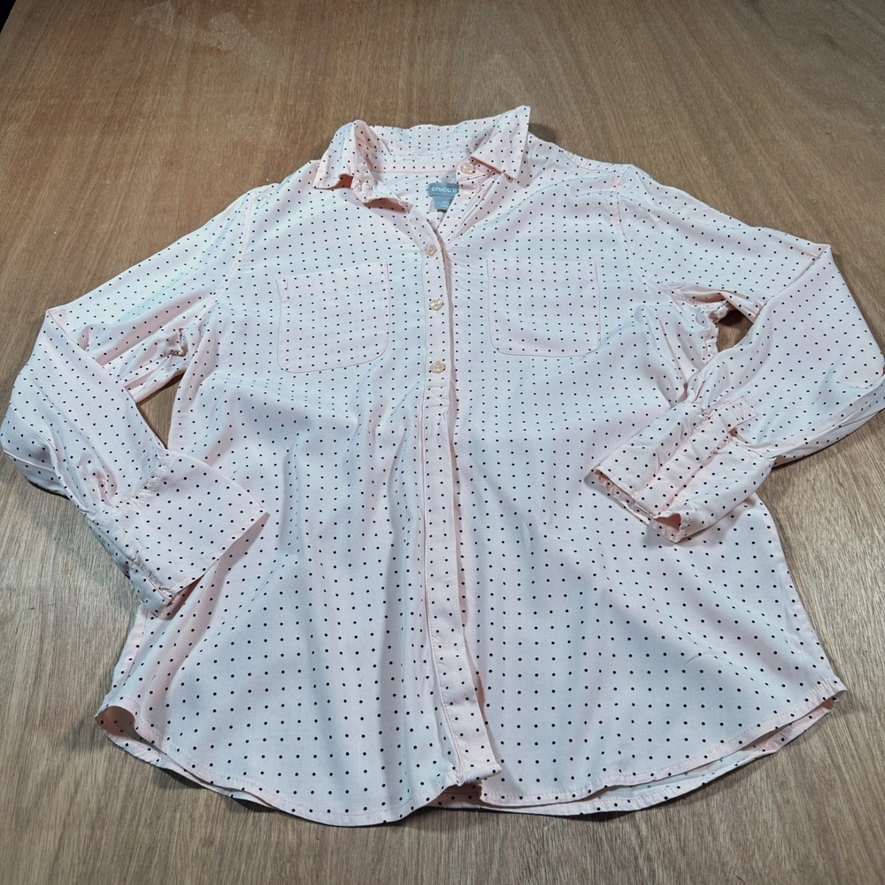 Chico's Button Down Shirt Women 0P Peach Black Polka Dot Long Sleeve Blouse